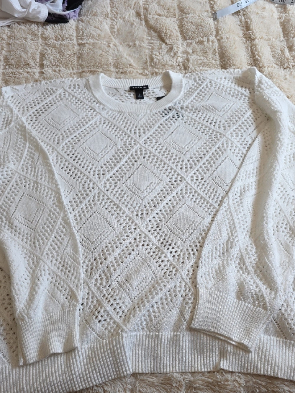 Torrid White Pointelle Knit Crew Sweater